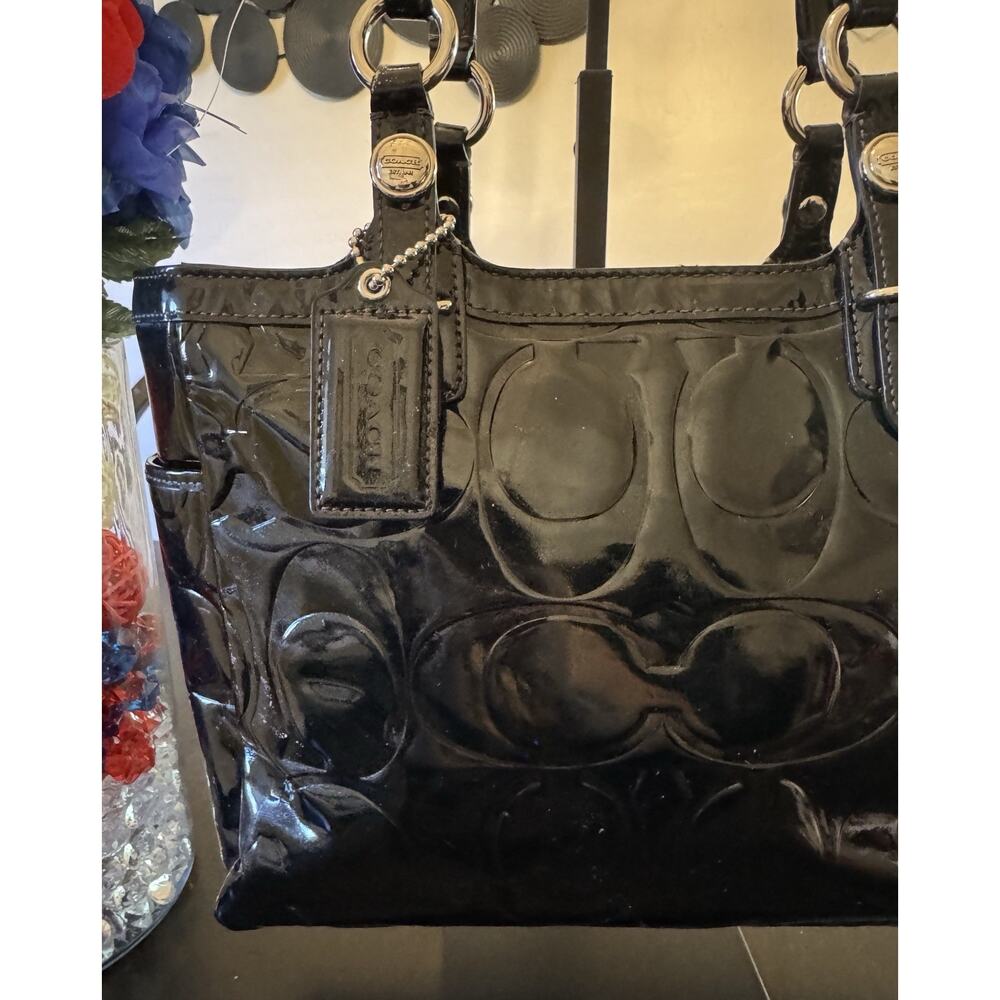 Coach Signature Embossed Black Patent Leather Tote Bag - Picture 2 of 12